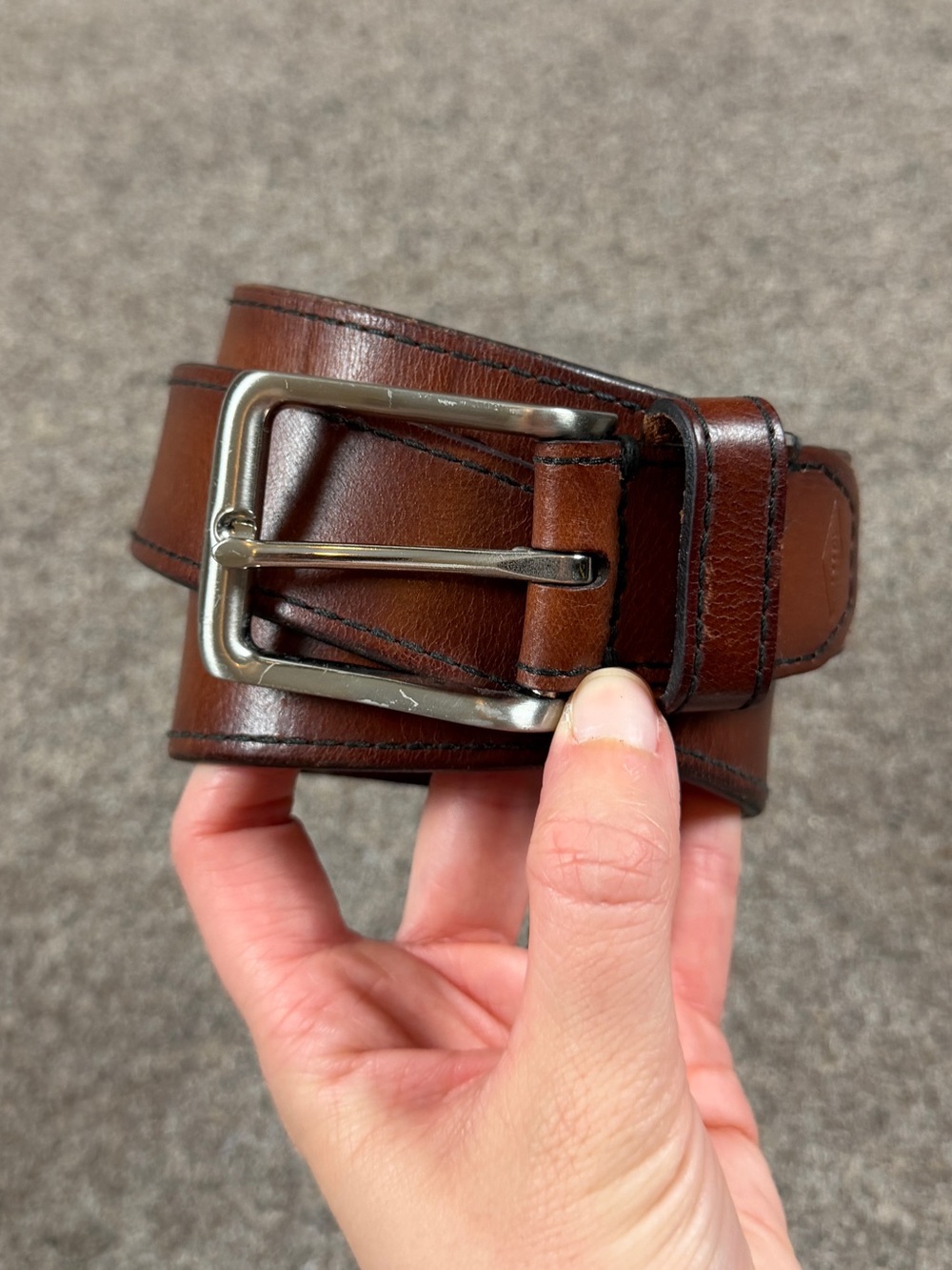 Fossil Brown Genuine Leather Belt Men’s Size 38 Silver Square Buckle 1.25” Thick